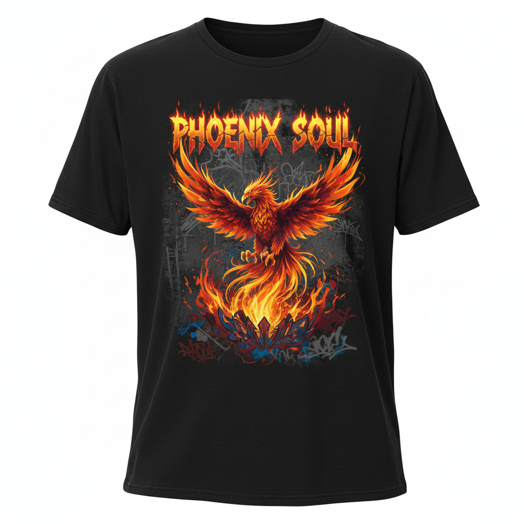 Phoenix Soul streetwear graphic tee with bold fiery typography